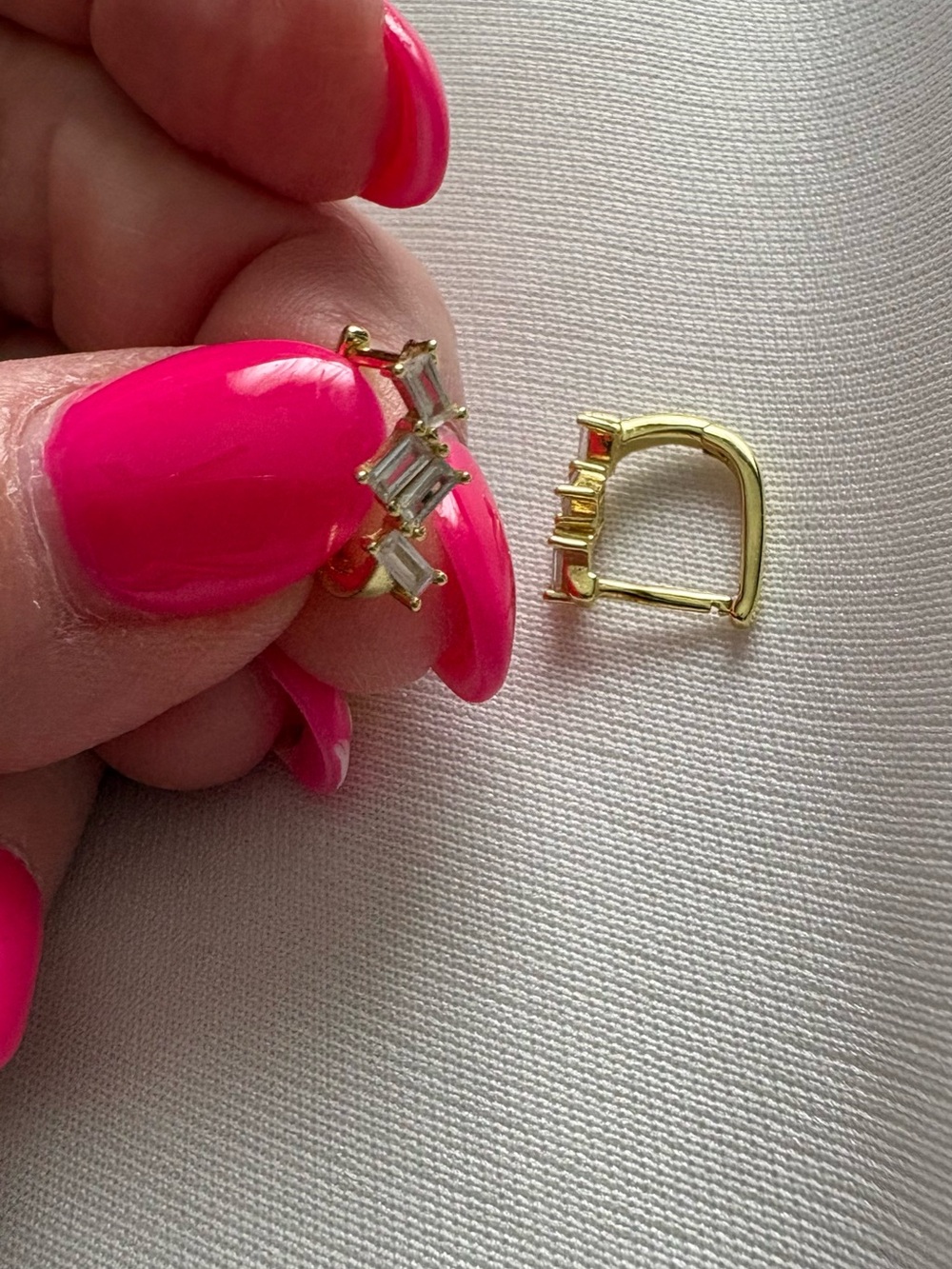 Gold Baguette Huggie Earrings with Pink Accent